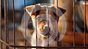 Homeless cute puppy waiting for adoption in shelter cage behind fences looking at a viewer.