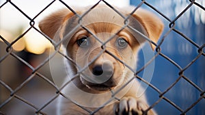 Homeless cute puppy waiting for adoption in shelter cage behind fences looking at a viewer.