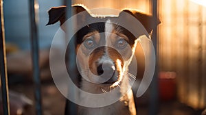 Homeless dog waiting for adoption in shelter cage behind fences looking at a viewer.