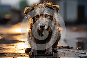 Homeless and forlorn a sad dog abandoned on the streets photo