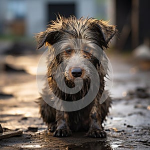 Homeless and forlorn a sad dog abandoned on the streets photo