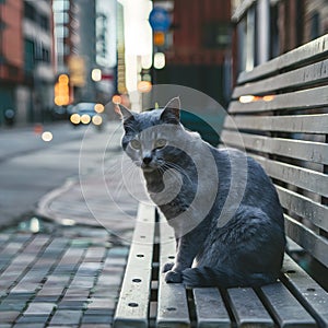 Homeless gray cat sits on bench, street scene