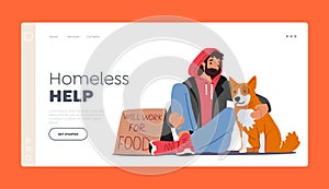 Homeless Help Landing Page Template. Bum with Dog Sit on Street Begging Money and Holding Banner Will Work for Food