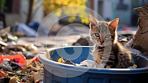 Homeless hungry cat looking for food in a trash container outdoors