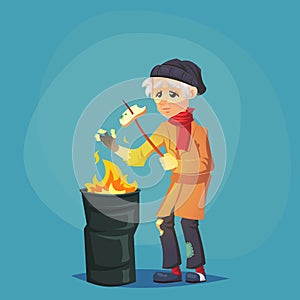Homeless hungry Poor old man adult warming themselves near the fire and need help isolated Cartoon Design Vector Illustration