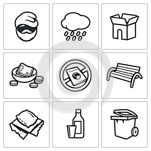 Homeless icons set. Vector Illustration.