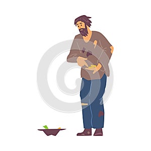 Homeless and jobless beggar male character, flat vector illustration isolated.