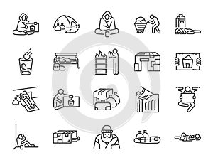 Homeless line icon set. Included icons as poor, empty, homelessness, living on the streets, trash, abandon and more.