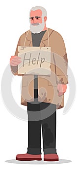 Homeless man asking for help semi flat RGB color vector illustration