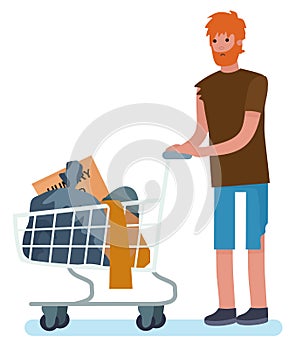 Homeless man with beard pushing a shopping cart with all his possessions on a white background. cartoon style vector