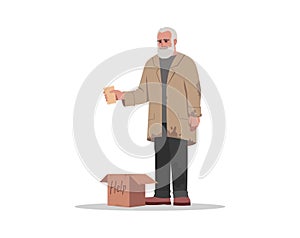 Homeless man beg for money semi flat RGB color vector illustration