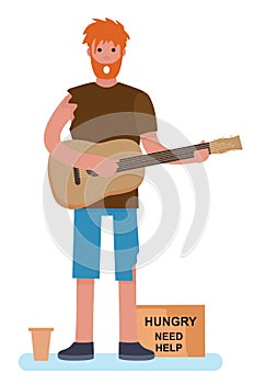 Homeless man beggar playing guitar tramp begging for help. homeless. jobless concept. cartoon style vector illustration