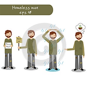 Homeless man begging for money, job, food, help. Vector illustration