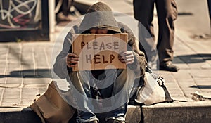 Homeless Man with a cardboard Please Help sign