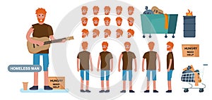 Homeless man character constructor for animation creation cet. Front, side and back view. cartoon style vector