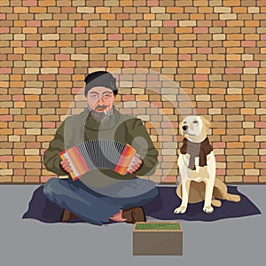 Homeless man with Dog. Shaggy man in dirty rags playing the accordion harmony. Asking for help. Vector illustration.