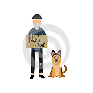 Homeless man with his dog needing for job cartoon vector illustration