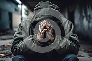 Homeless man in a jacket and hoodie crying covering his face with his hands. Generative AI