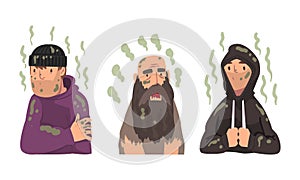 Homeless Man in Spotted Clothes Feeling Bad Smell Dirty Wear Vector Set