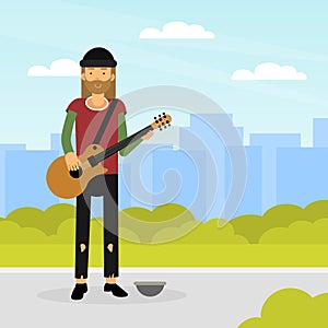 Homeless Man Vagabond Playing Guitar Earning Money Vector Illustration