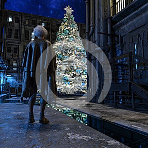 A homeless older man walking in the city on Christmas night