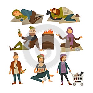 Homeless people, beggars and vagrants vector flat isolated icons