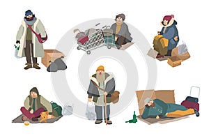 Homeless people. cartoon flat characters set illustration.