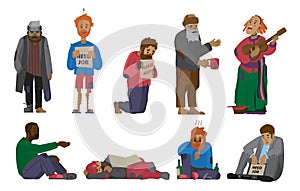 Homeless people characters cadger set unemployment men needing help bums and hobos stray vector illustrations.