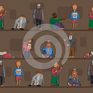 Homeless people characters cadger set unemployment men needing help bums and hobos stray vector seamless pattern