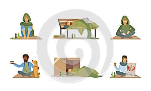 Homeless People Characters Living on the Streets Looking Hungry and Dirty Vector Set