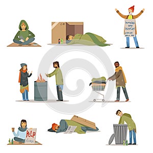 Homeless people characters set. Unemployment men needing help vector illustrations