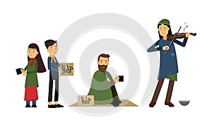 Homeless People Characters Standing with Cardboard Sign and Begging for Help Vector Illustration Set