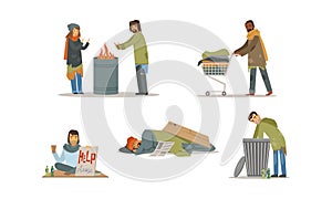 Homeless People Characters Vector Set. Poverty Concept