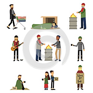 Homeless people, kids and vagabonds begging money, needing help set of cartoon vector illustrations