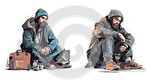 homeless people man sitting with all stuff set different vector paint