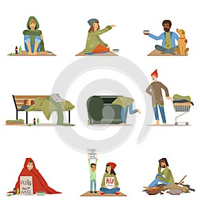 Homeless people set. Men, women, children needing help vector illustrations