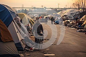 Homeless people on the street at sunset. People on the street, homeless and in poverty in a tent city, AI Generated