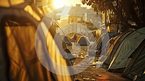 Homeless people tent camp lit by sunrise light in urban park