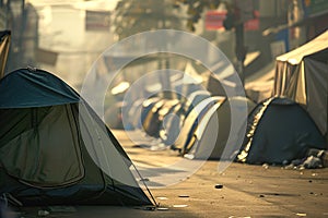 Homeless people tent camp lit by sunrise light in urban park