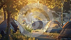 Homeless people tent camp lit by sunrise light in urban park photo