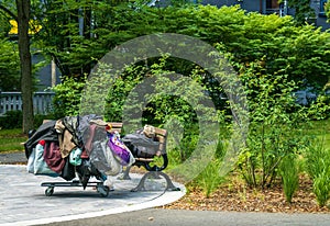 Homeless person with belongings piled on shopping cart sleeping on a bench in a beautiful city park