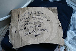 Homeless Person's Sign on NYC streets