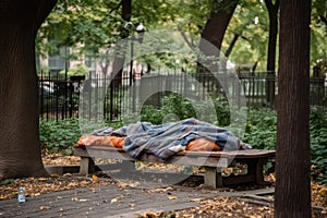 homeless person sleeping on park bench, surrounded by litter