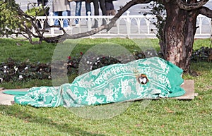 Homeless person sleeping under blanket in park