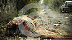 Homeless person sleeps under blanket along street near downtown Johannesburg