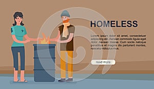 Homeless poor couple woman and man begging cartoon vector illustration banner. Concept of social problems such as