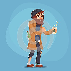 Homeless Poor man adult beg money and need help isolated Cartoon Design Vector Illustration social problem poverty misery
