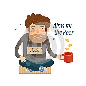 Homeless. Poor man in dirty rags with mug in hand begging. Vector illustration photo