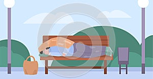 Homeless poor person sleeping on street bench outdoor a vector illustration