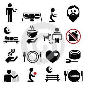 Homeless, poverty, man begging for money icons set